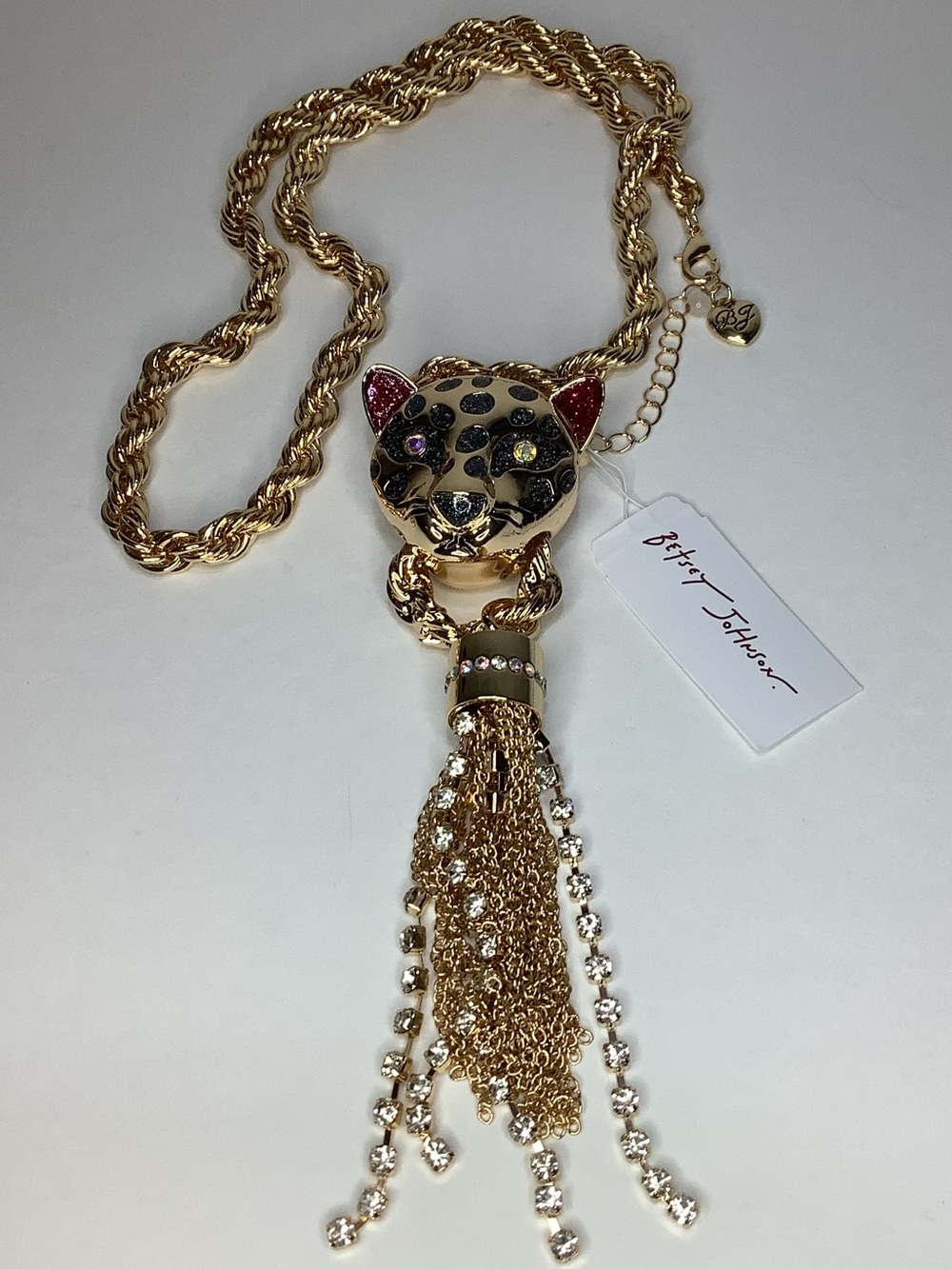 Betsey Johnson Leopard Panther Crystal Tassel Statement Necklace New